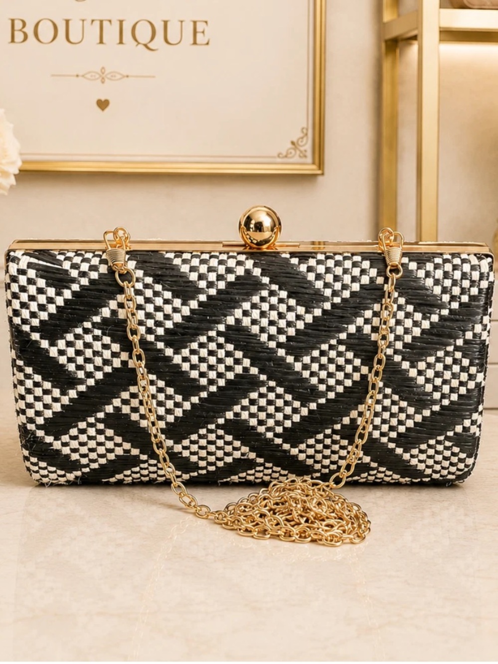 Woven Black and White Crossbody Clutch with Gold Chain